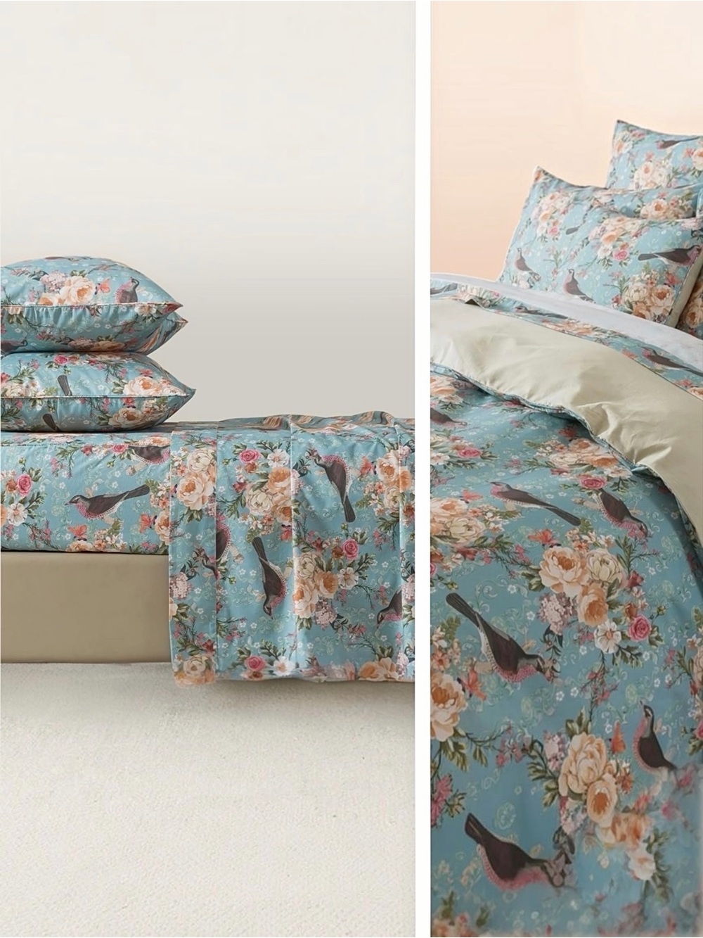 NEW Anthropologie Blue Floral Botanical Bird 100% Cotton Matching 4 PC Sheet Set